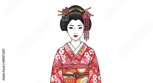 Charming vector illustration portraying a japanese woman in a traditional red kimono adorned with