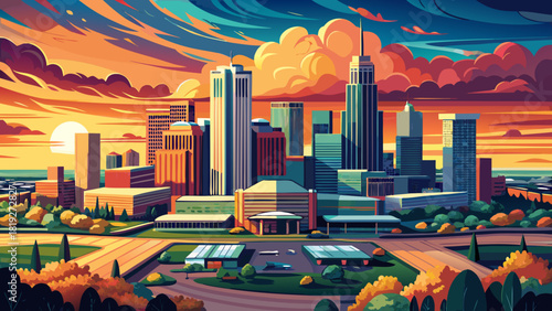 Very beautiful aerial panoramic view of Oklahoma City with a dramatic sunset sky, showcasing glowing clouds, warm light over modern buildings, and a serene urban atmosphere.