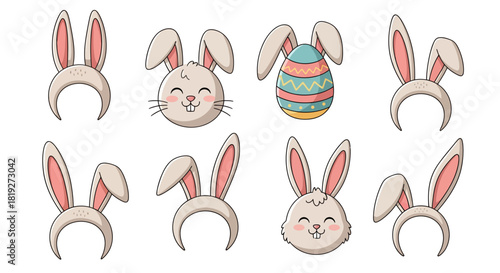 Collection of cheerful cartoon Easter bunny ears and decorated eggs on a white background