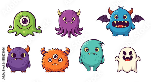 Collection of adorable cartoon monsters in vibrant colors with expressive designs