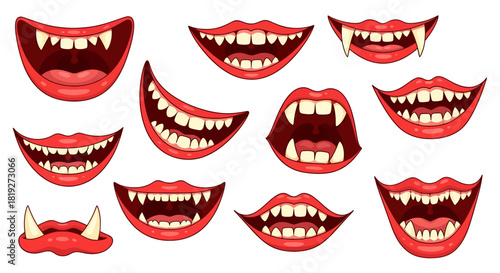 Collection of sinister smiles with sharp fangs for halloween themed digital design and creative