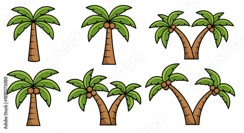 Collection of Palm Tree Illustrations with Different Shapes and Arrangements