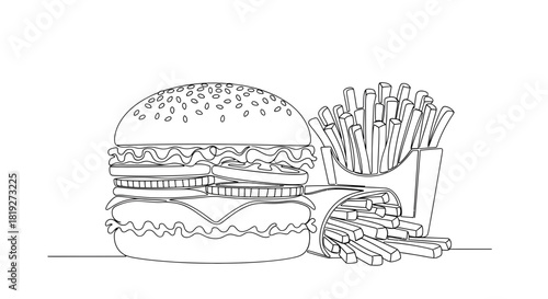 Continuous line drawing of a burger and fries showcasing the allure of fast food indulgence