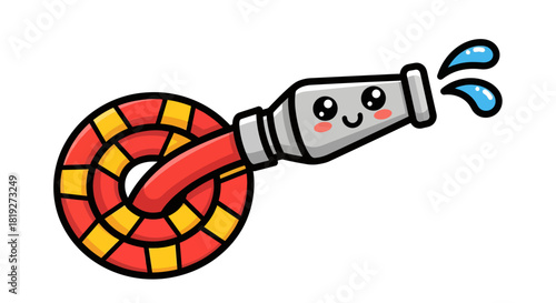 Cute and friendly kawaii cartoon fire hose illustration for kids and educational themes