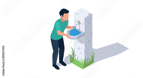 Isometric man drinking water from outdoor fountain