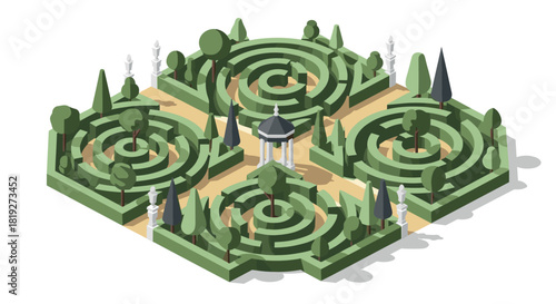 Isometric geometric garden maze with trees and pavilion