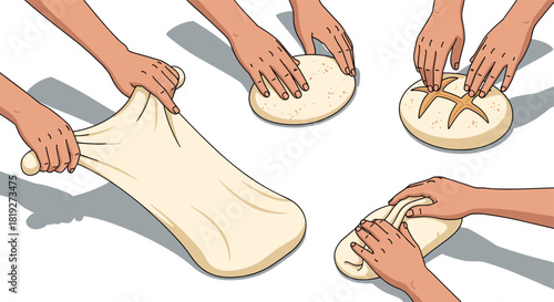 Hands kneading dough in various techniques on white background