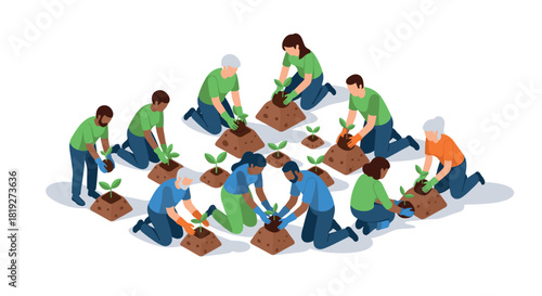 Diverse group of people planting trees together on a community gardening day