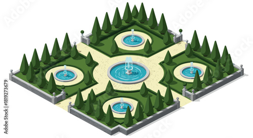 Isometric garden design with symmetrical layout and fountains