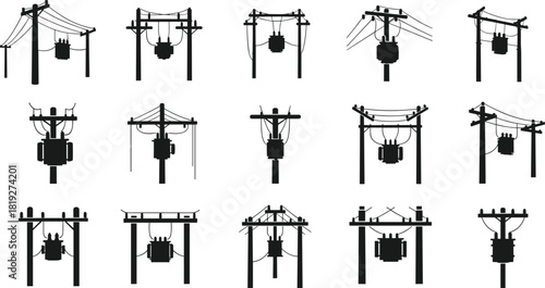 Silhouette vector illustration of utility poles with electrical transformers and wiring—technical infrastructure layout for power distribution, engineering, planning, maintenance, and reference