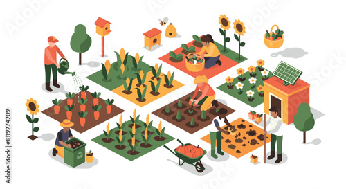 Community garden with people planting and harvesting vegetables in an isometric design
