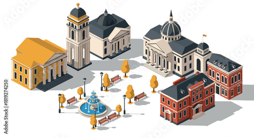 Isometric urban architecture with classic buildings and park elements