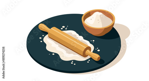 Isometric baking utensils on plate with rolling pin and flour bowl