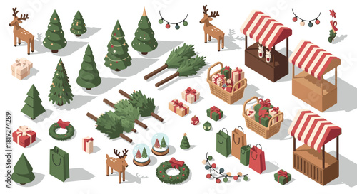Festive isometric christmas market with trees, gifts, and decorations