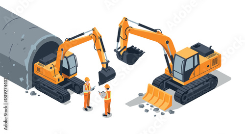 Construction equipment and workers in action with heavy machinery