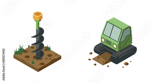Isometric construction machinery with auger drill and excavator on dirt