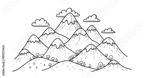 Hand drawn mountain landscape sketch with snowy peaks and fluffy clouds backdrop
