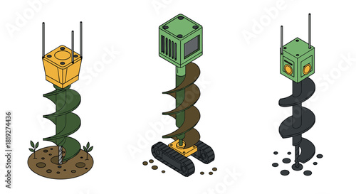 Isometric auger drill designs with geometric and industrial patterns