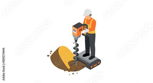 Isometric construction worker operating auger drill machine in safety gear