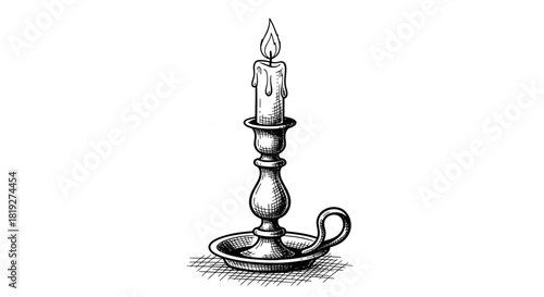 Hand-drawn illustration of a vintage candlestick with a lit candle, perfect for atmosphere