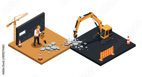 Construction site with worker and excavator in isometric style