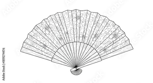 Hand fan illustration with floral pattern, perfect for coloring pages or design elements