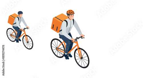 Isometric food delivery cyclists with backpacks