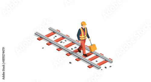 Isometric construction worker walking along railroad tracks with toolbox