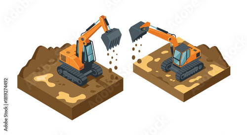 Isometric excavator digging earth with claw bucket and tracks