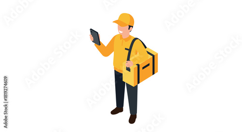 Delivery person with smartphone and bag in isometric style