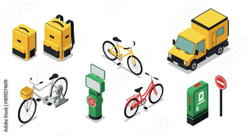 Isometric bike sharing and delivery with electric charging stations and signage