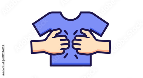 Illustration depicting hands attempting to stretch or expand a blue t-shirt size alteration