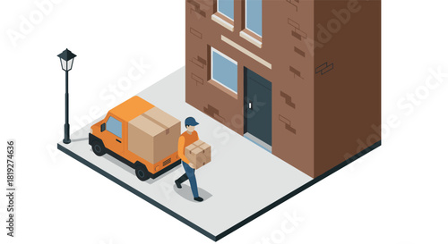 Isometric urban delivery scene with courier carrying package near brick building