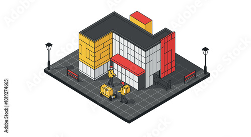 Isometric urban delivery hub with modern architecture and street furniture