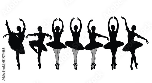 Set of Ballerina Silhouettes in Elegant Ballet Poses, Performing Classical Dance on Pointe Shoes, Isolated Vector Cutout for Design