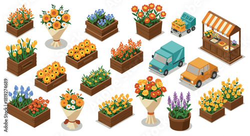 Isometric flower market with colorful bouquets, planters, and vehicles