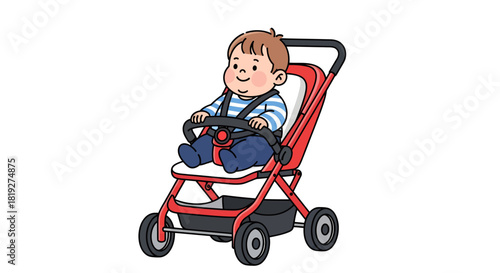 Illustration showcasing a cheerful toddler comfortably seated within a bright red stroller