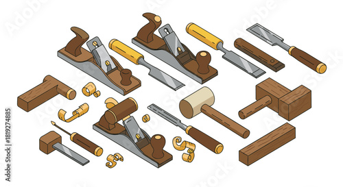 Isometric carpentry tools collection with planes and chisels