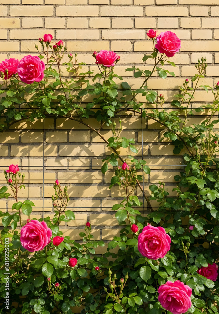 Naklejka premium Climbing roses with vibrant pink blooms adorning a textured brick wall. These flowers add a touch of color to the textured surface.