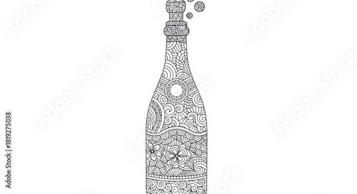 Intricate champagne bottle design, perfect as an elaborate coloring page for adults