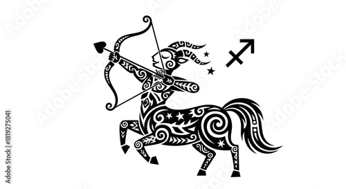 Intricate depiction of sagittarius in striking black and white vector graphics