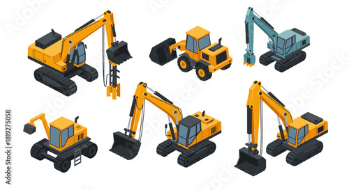 Construction machinery collection in isometric design: excavators and bulldozers