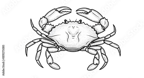 Intricate line drawing of a crab showcasing marine life in monochrome detail, delicate shading