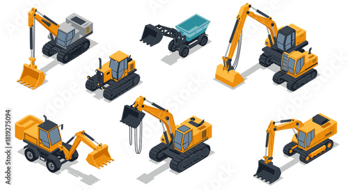 Heavy construction equipment in isometric style featuring excavators and bulldozers