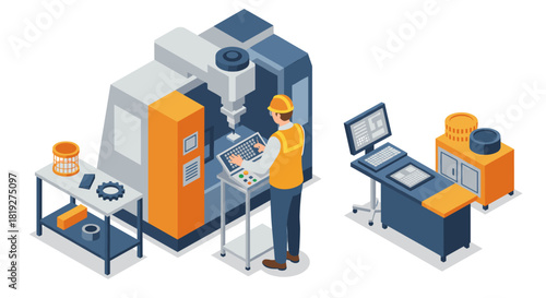 Industrial manufacturing process with cnc machinery and operator in a modern factory setting