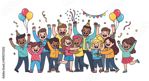 Joyful celebration with happy cartoon characters at a lively party scene illustration