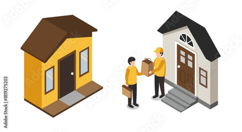 Isometric house models with delivery service concept in minimal style