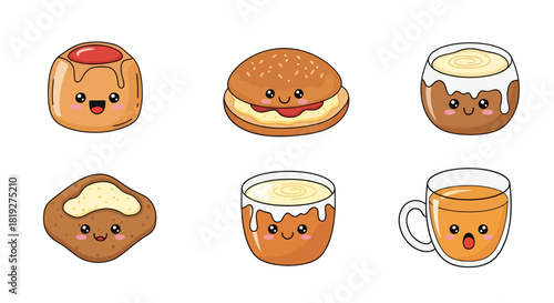 Kawaii dessert collection featuring charming cartoon pastries and refreshing drinks