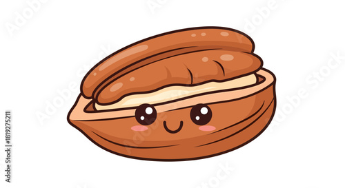 Kawaii-Style pecan nut illustration, cute animated character with delightful expression, food art