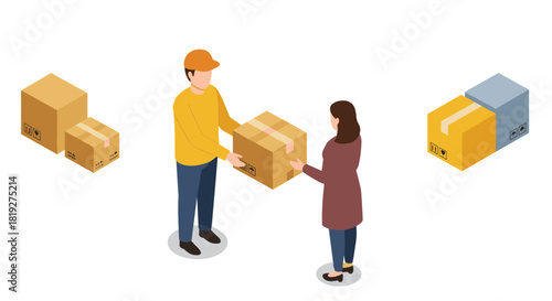 Isometric delivery concept with two people exchanging packages